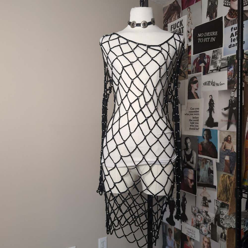 Open Crochet Beaded Fishnet Mini Dress Goth